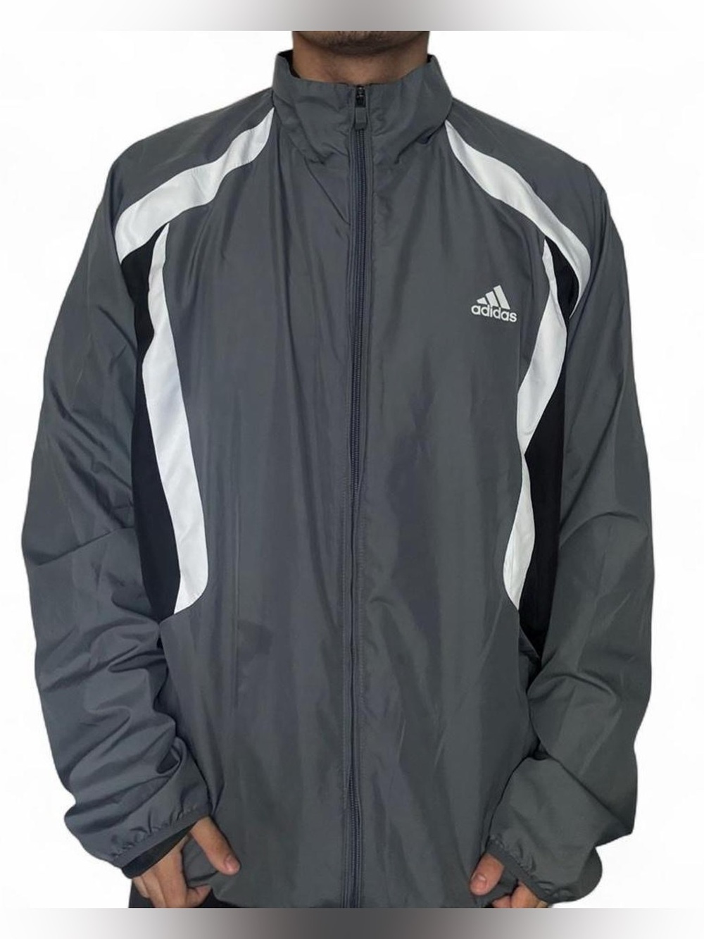 Y2K Adidas Grey Full Zip Windbreaker Jacket Size XL Sports Soccer Retro Classic